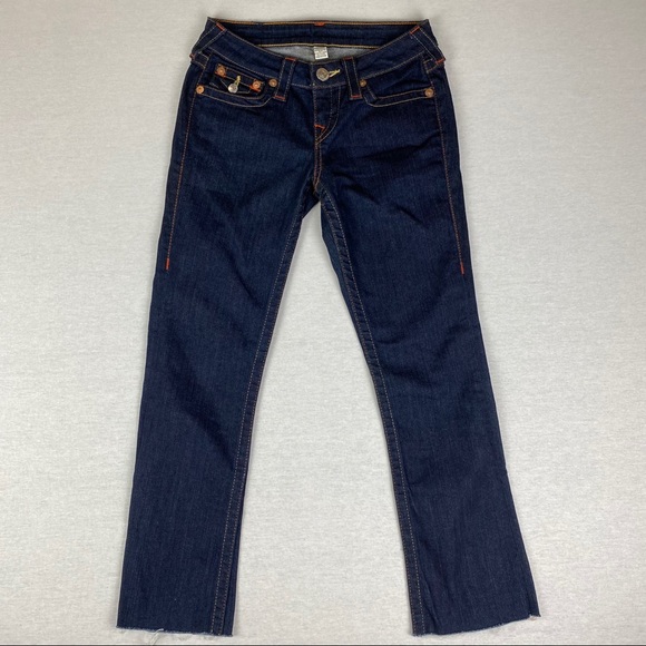 True Religion Becky Raw Edge Hem Dark Wash Flap Pocket TR Logo Bootcut Jeans - Picture 4 of 13